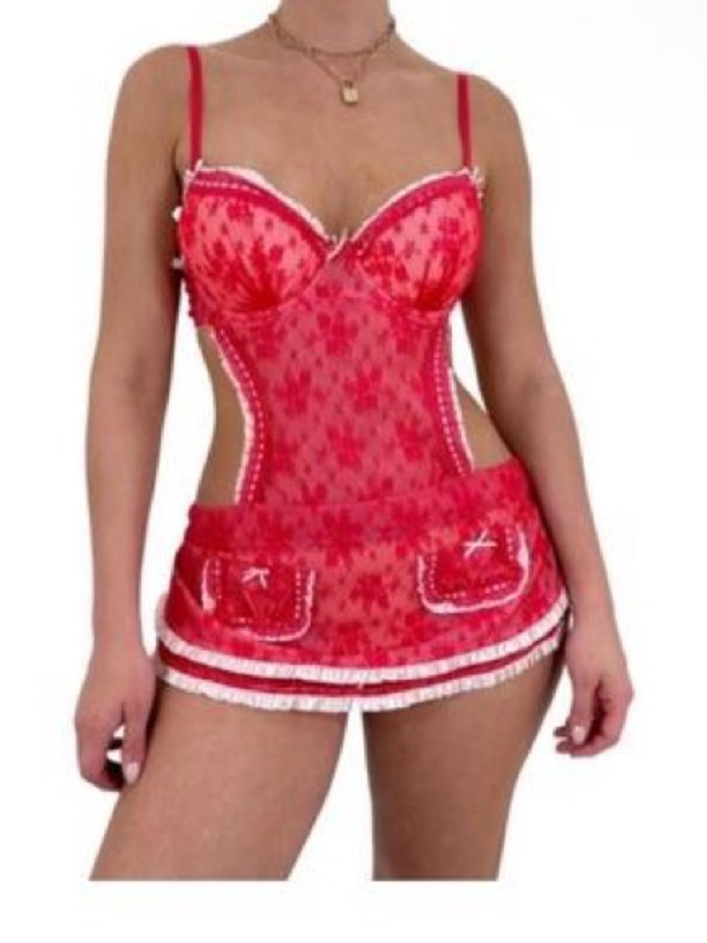 Vintage Victoria's Secret Sexy Little Things Red Lace French Maid lingerie bows